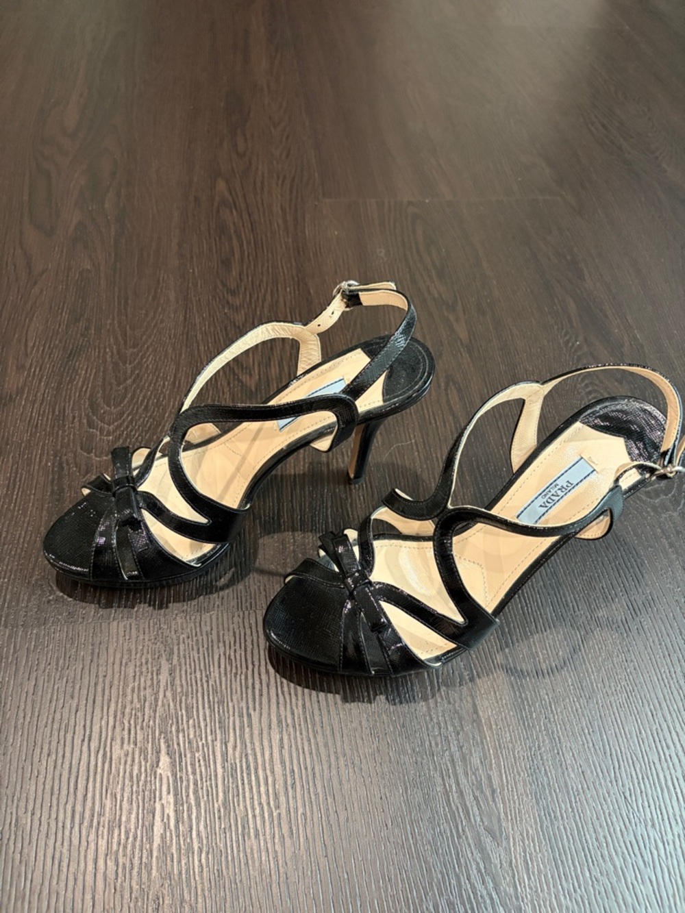 Prada Black Patent Leather Strappy Heels with Bow Accent - Picture 2 of 5